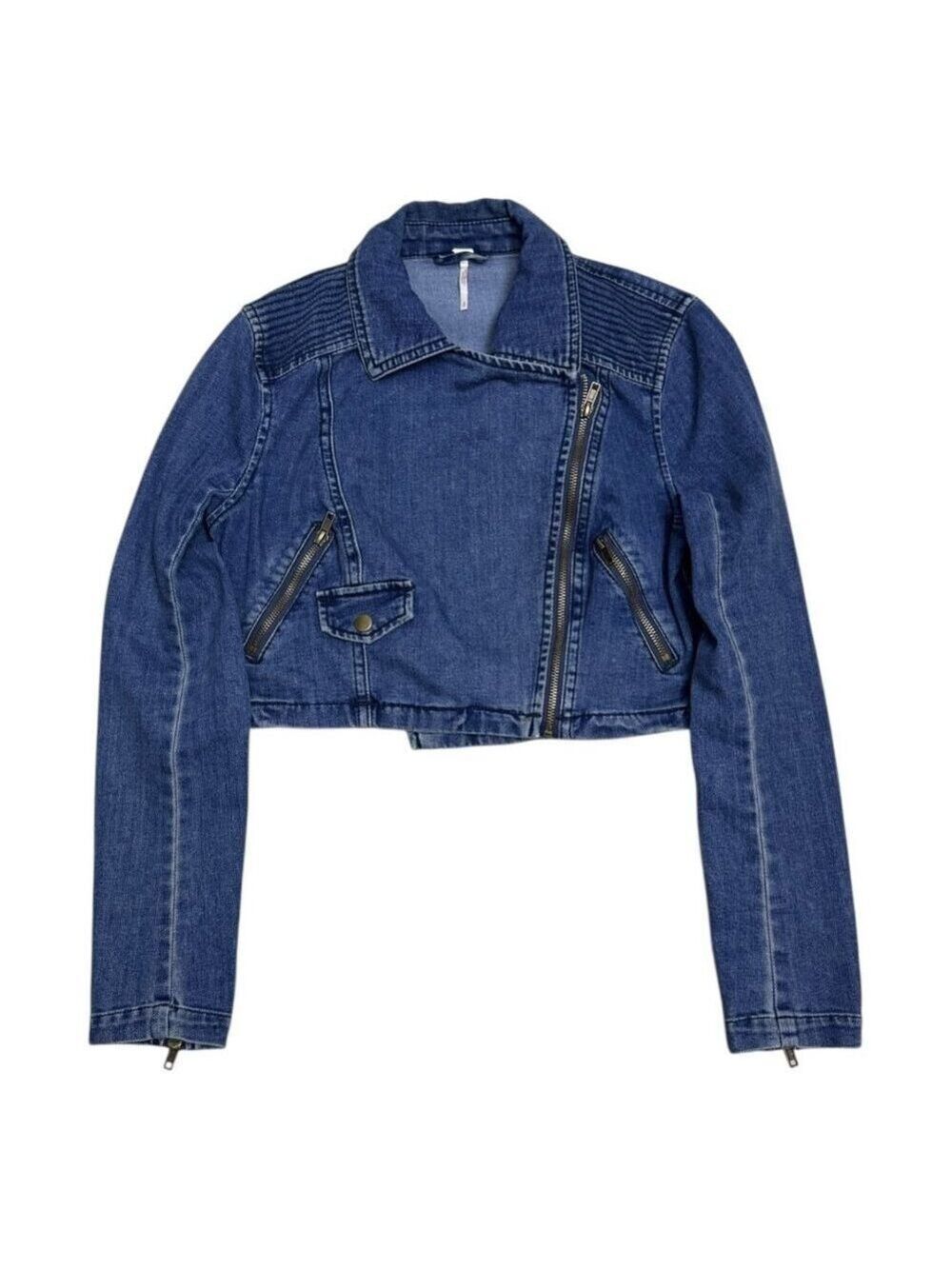 FREE PEOPLE Designer CROPPED Denim Blue Jean Jacket Womens Small